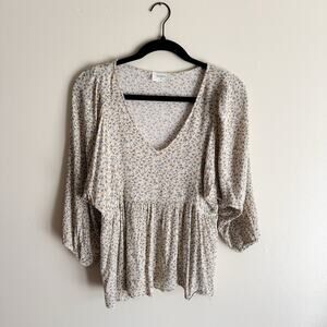 Everly Yellow + White Floral Crinkle V Neck Blouse - Small